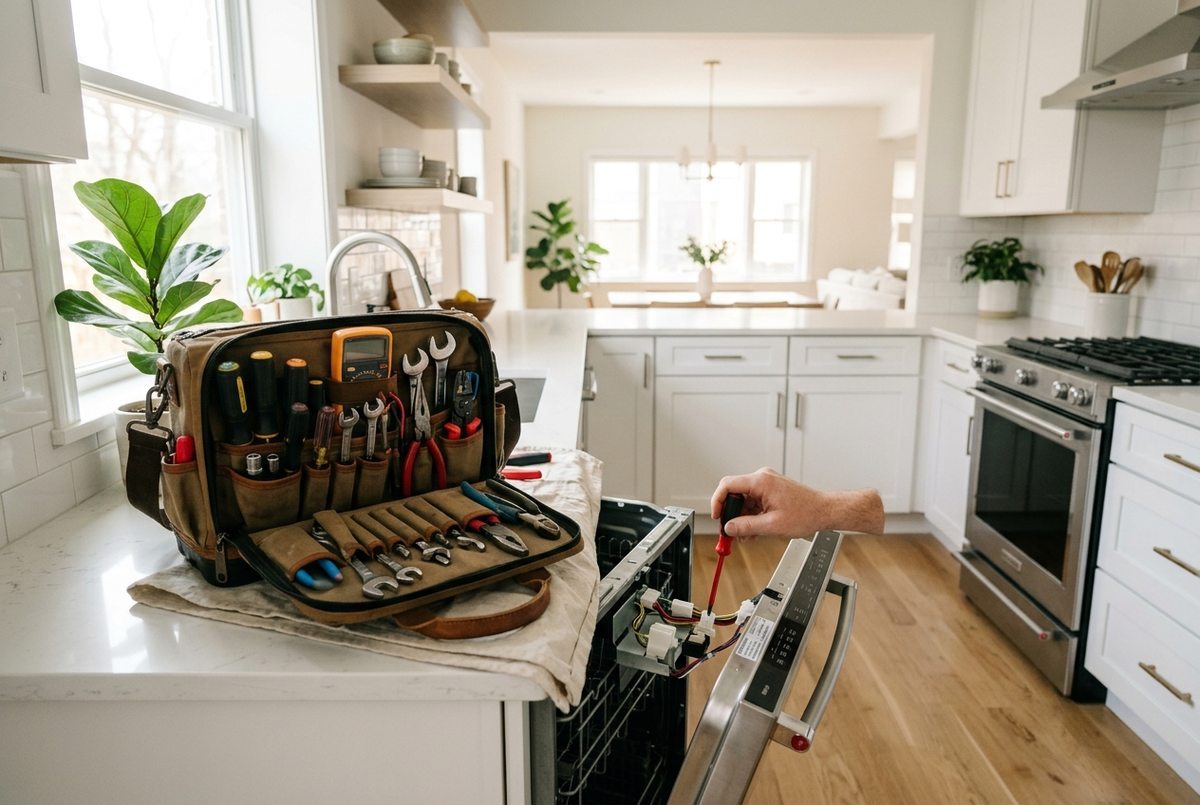 Appliance repair technician at work
